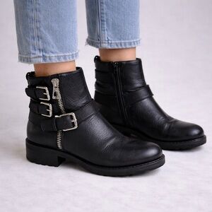RUDSAK Black Leather Moto Boots - Triple Buckle Zip Ankle Booties - Size 39